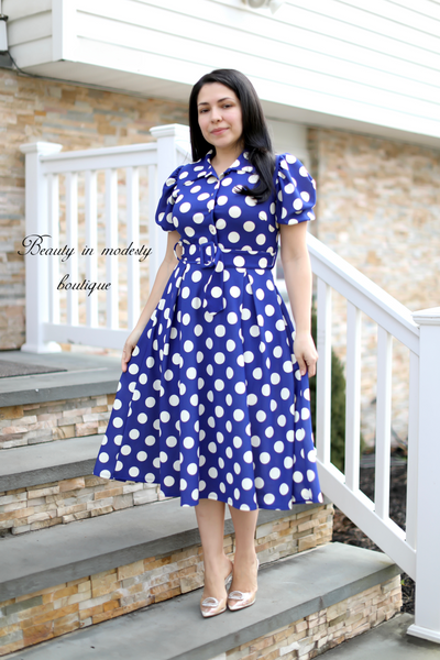 Vintage Blue Dots Midi Dress
