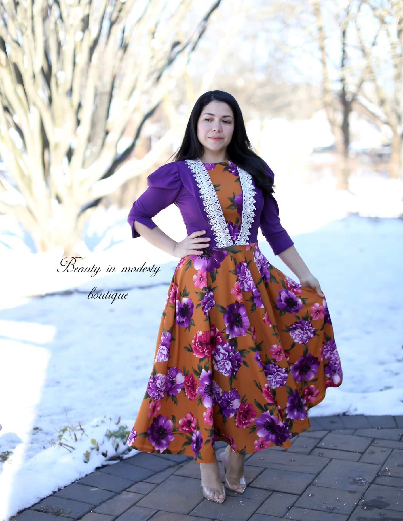 Davinia Purple/Mustard Midi Dress
