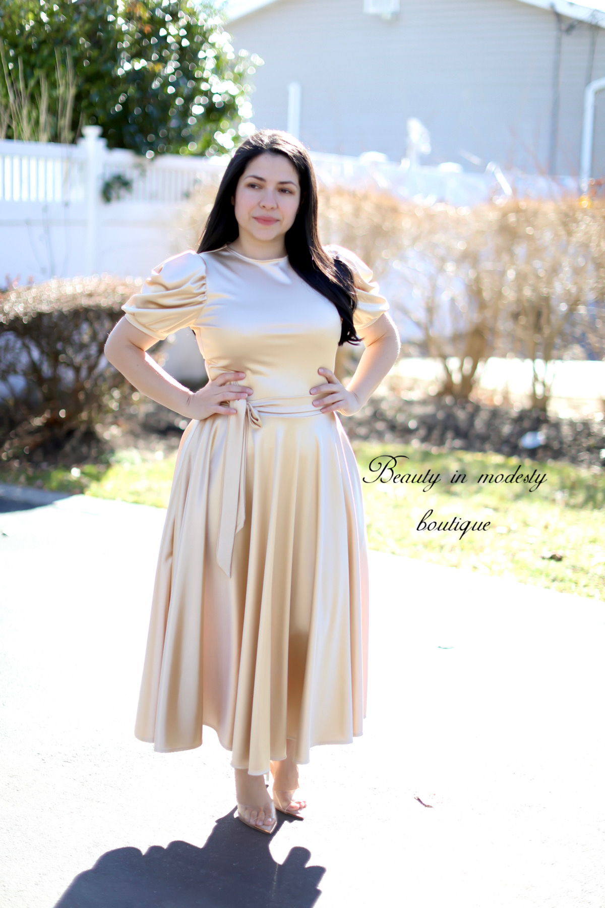 Litzy Satin Champagne Midi Dress