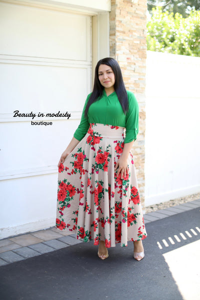 Beige Floral Maxi Skirt