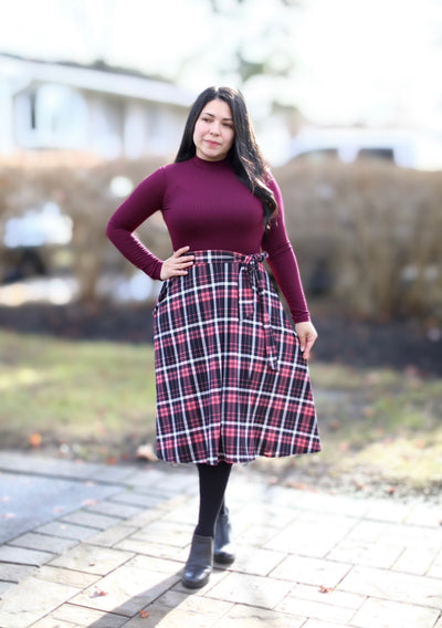 Kinsley Burgundy Plaid Midi Dress