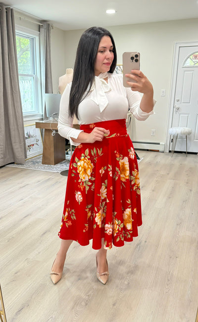 Red Floral Midi Skirt