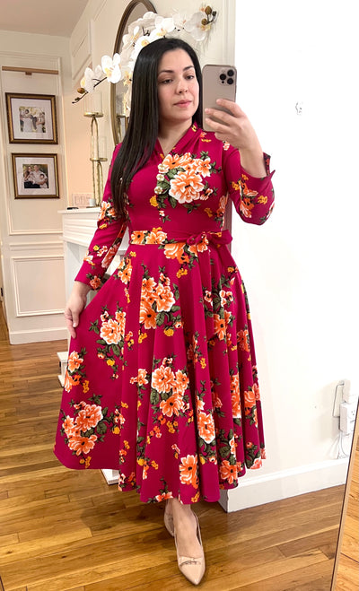 Ariella Floral Fuscia Midi Dress