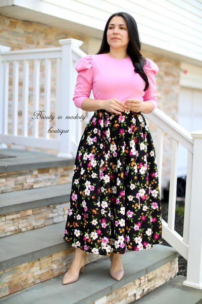 Liss Pink / Black Floral Midi Dress