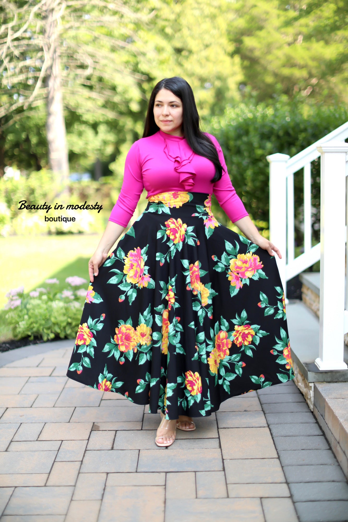 Black Mustard Flowers Maxi Skirt