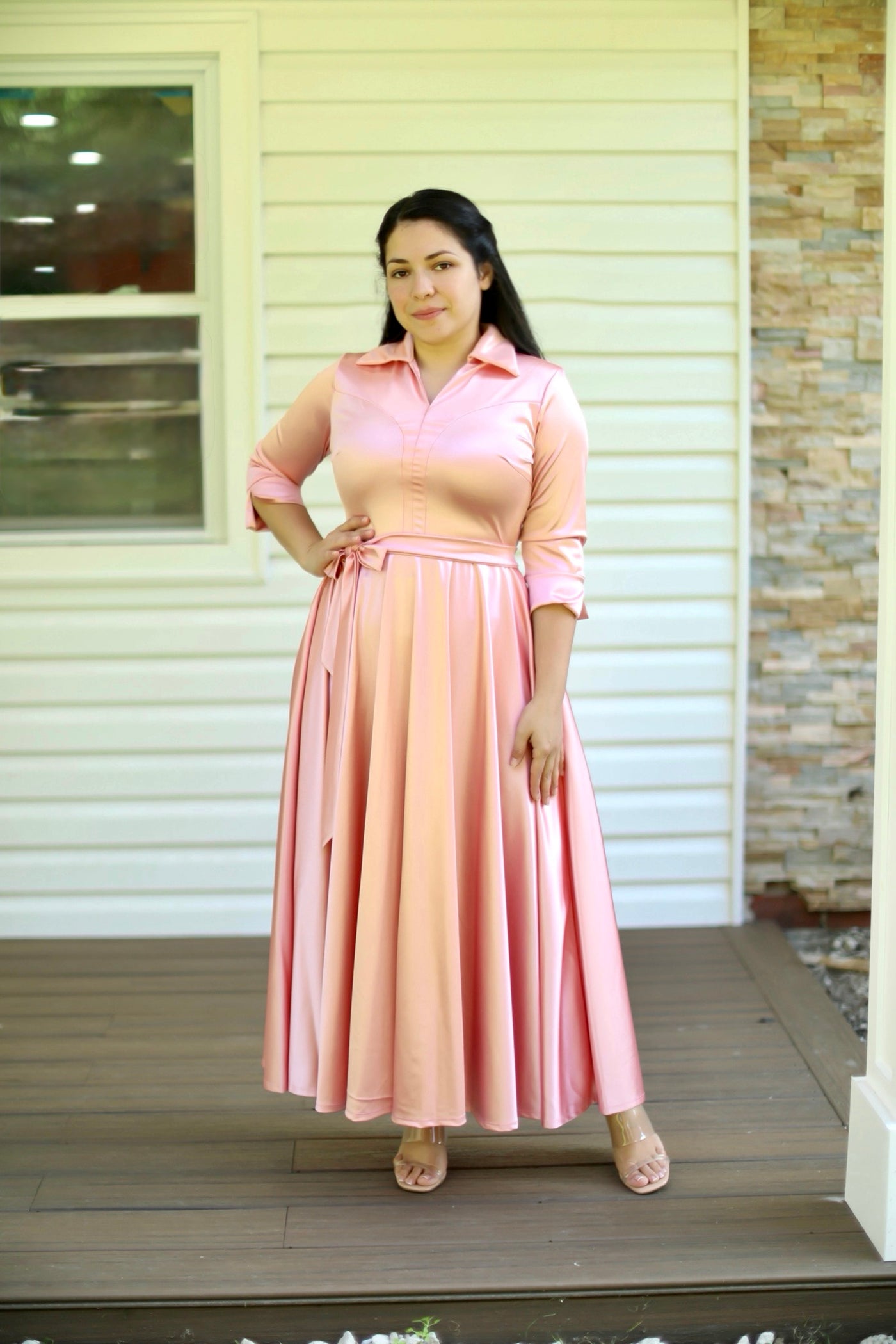 Peach Satin Collard Maxi Dress