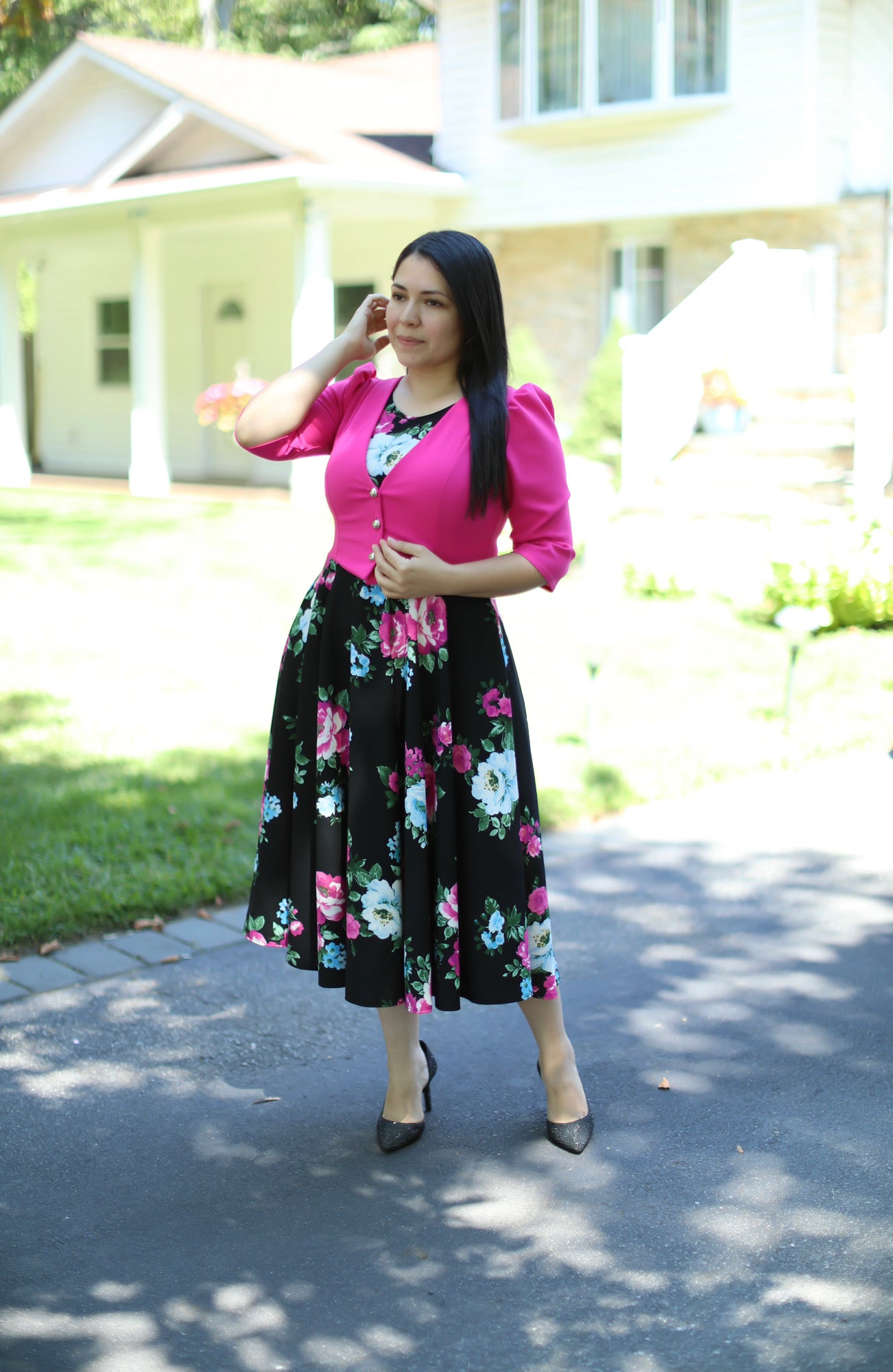 Fuscia Black Floral Midi Dress