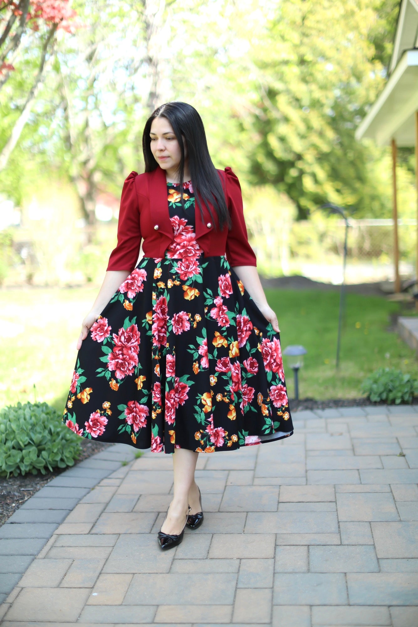 Adeline Red Floral Midi Dress