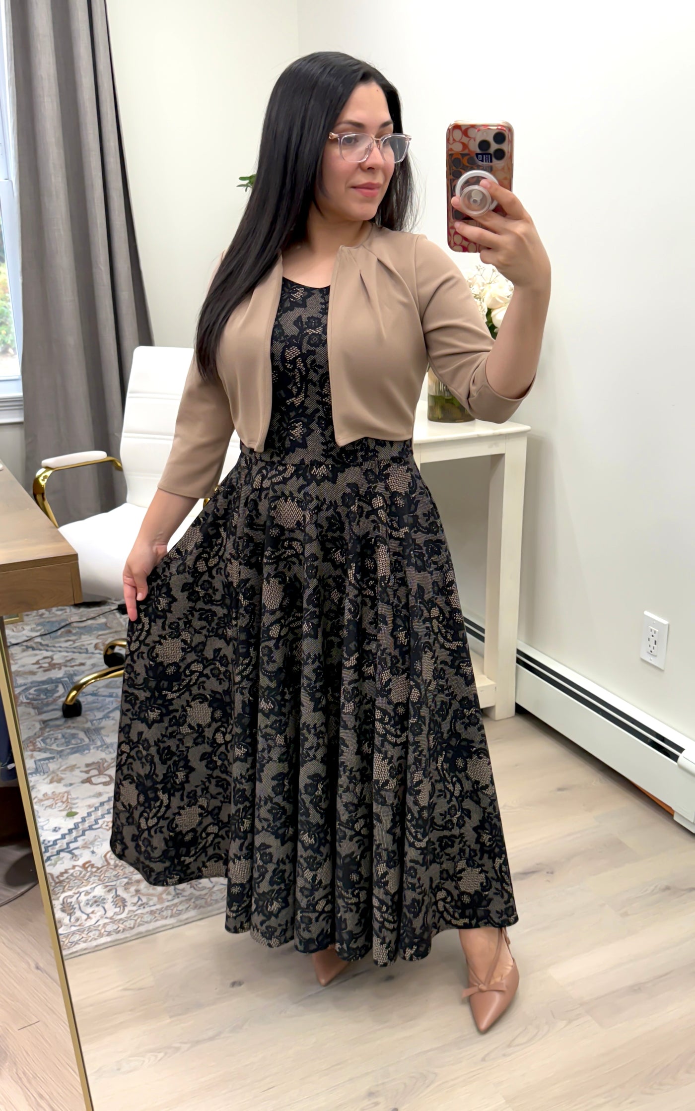 Beige Lace Jacket Maxi Dress