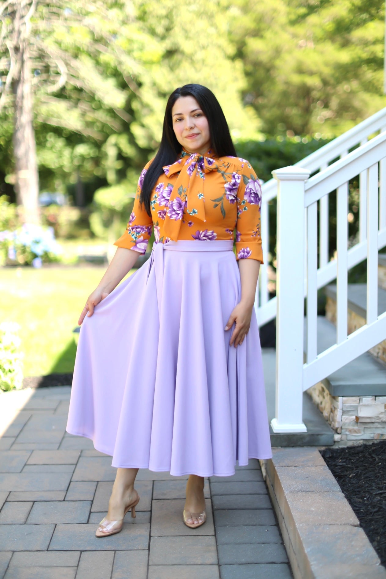 Abelina Mustard Floral / Lilac Midi Dress