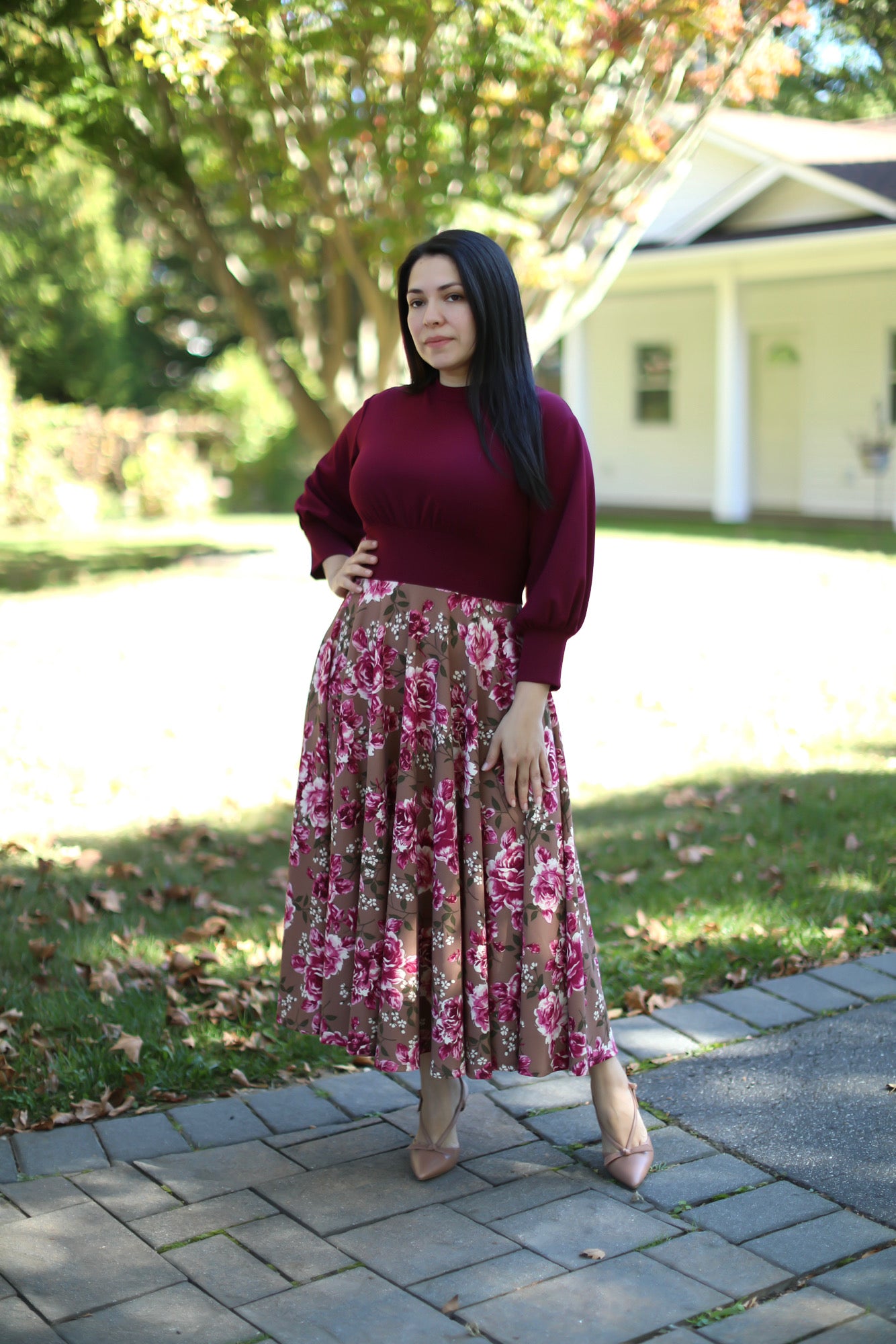 Princess Burgundy Floral Midi Dress