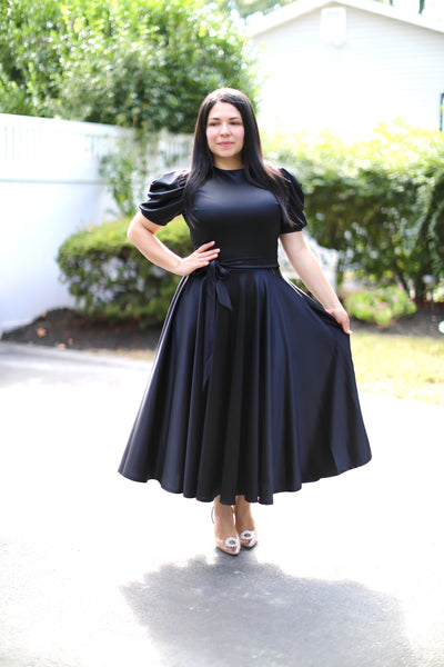 Litzy Satin Black Midi Dress