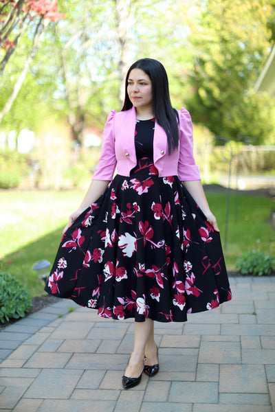 Adeline Pink Black  Midi Dress