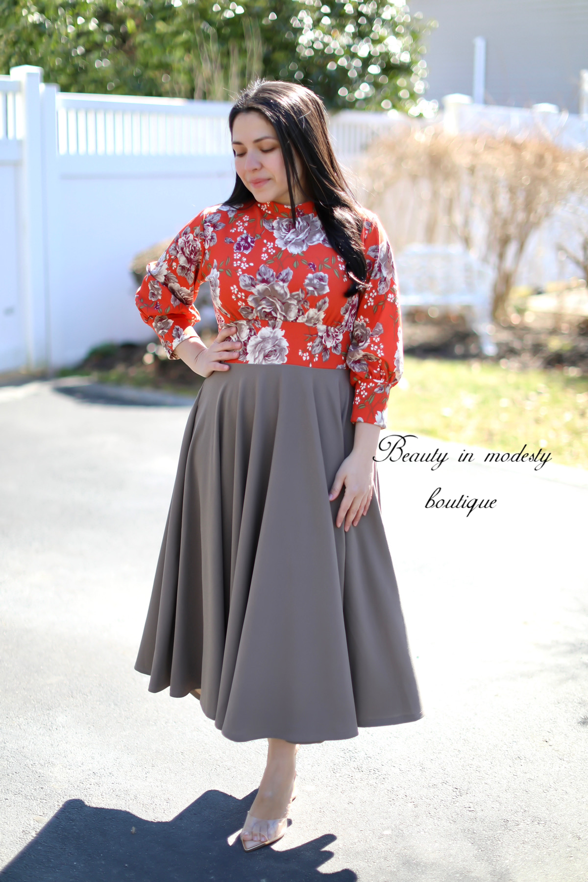 Princess Orange Floral/Grey Midi Dress