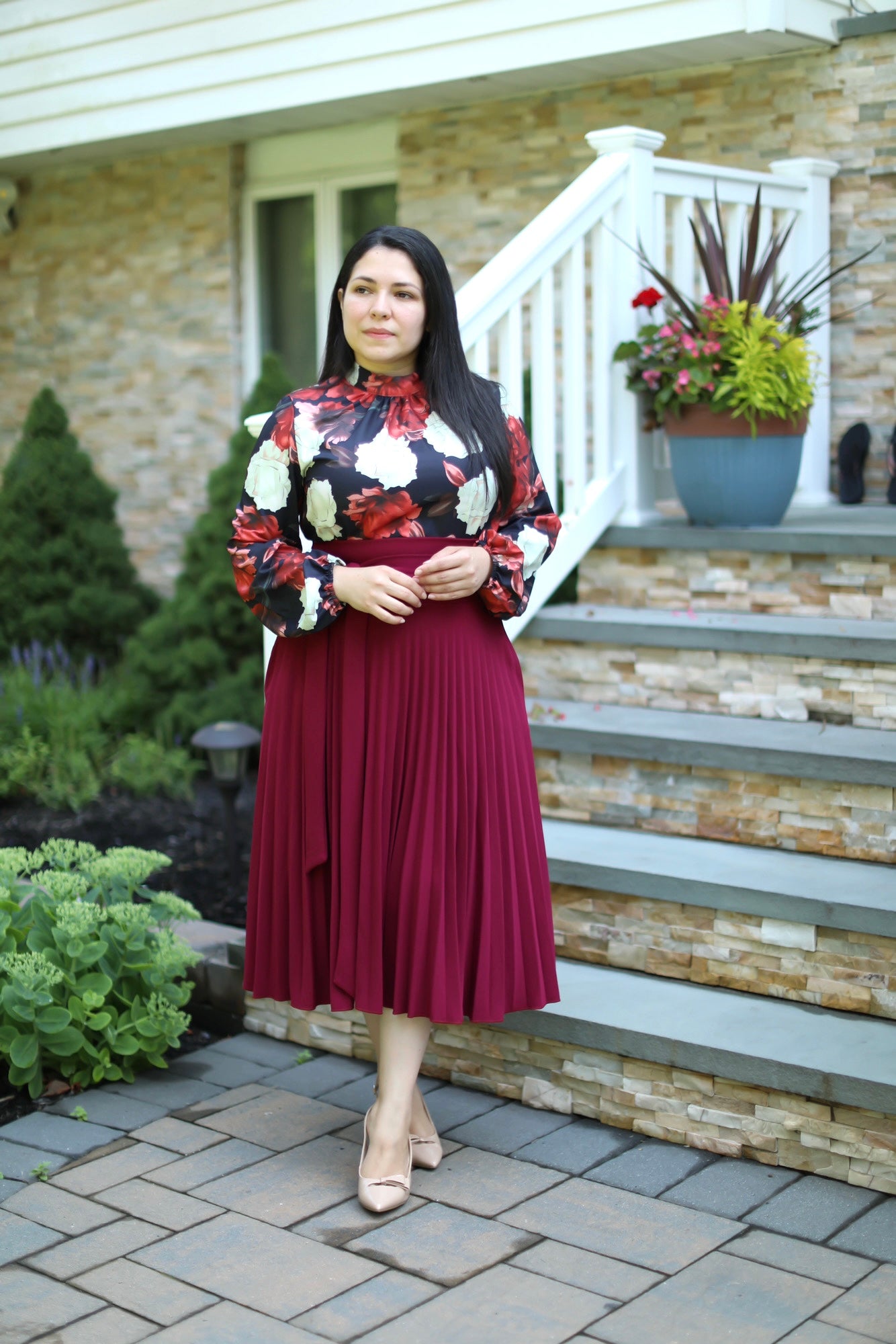 Pleated Burgundy Midi Skirt