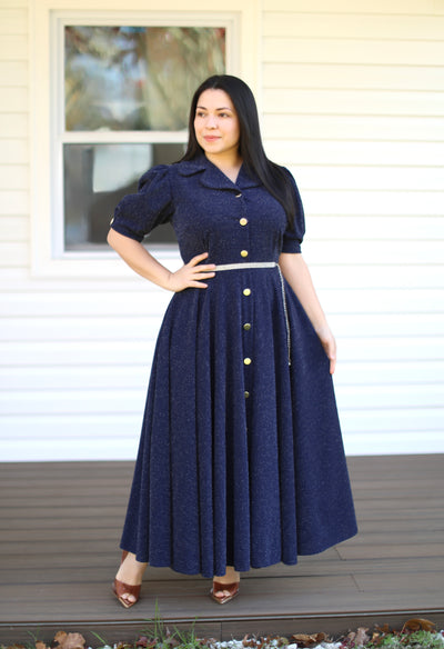 Navy Gold Belted Maxi Dress