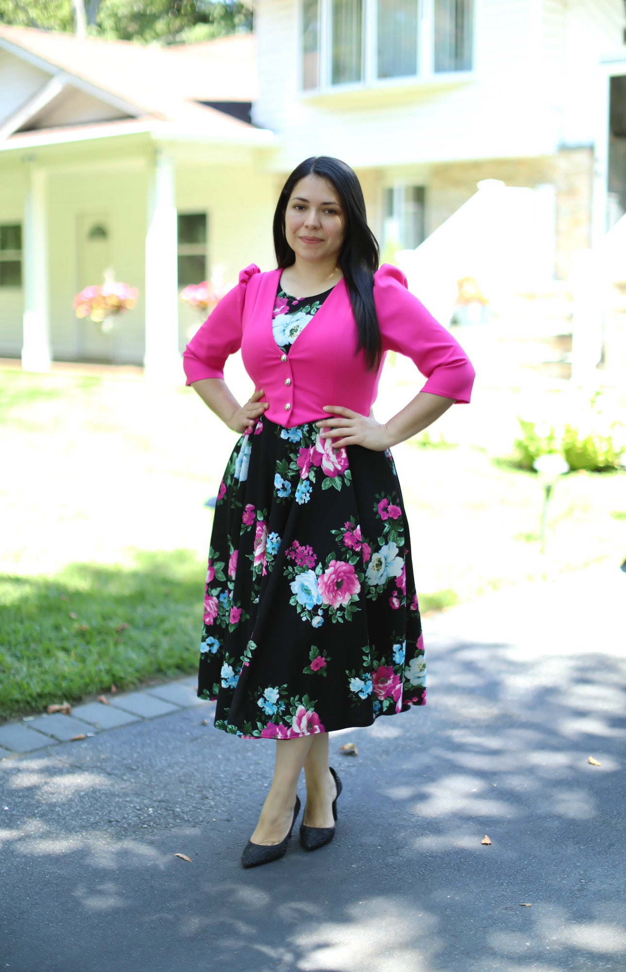 Fuscia Black Floral Midi Dress