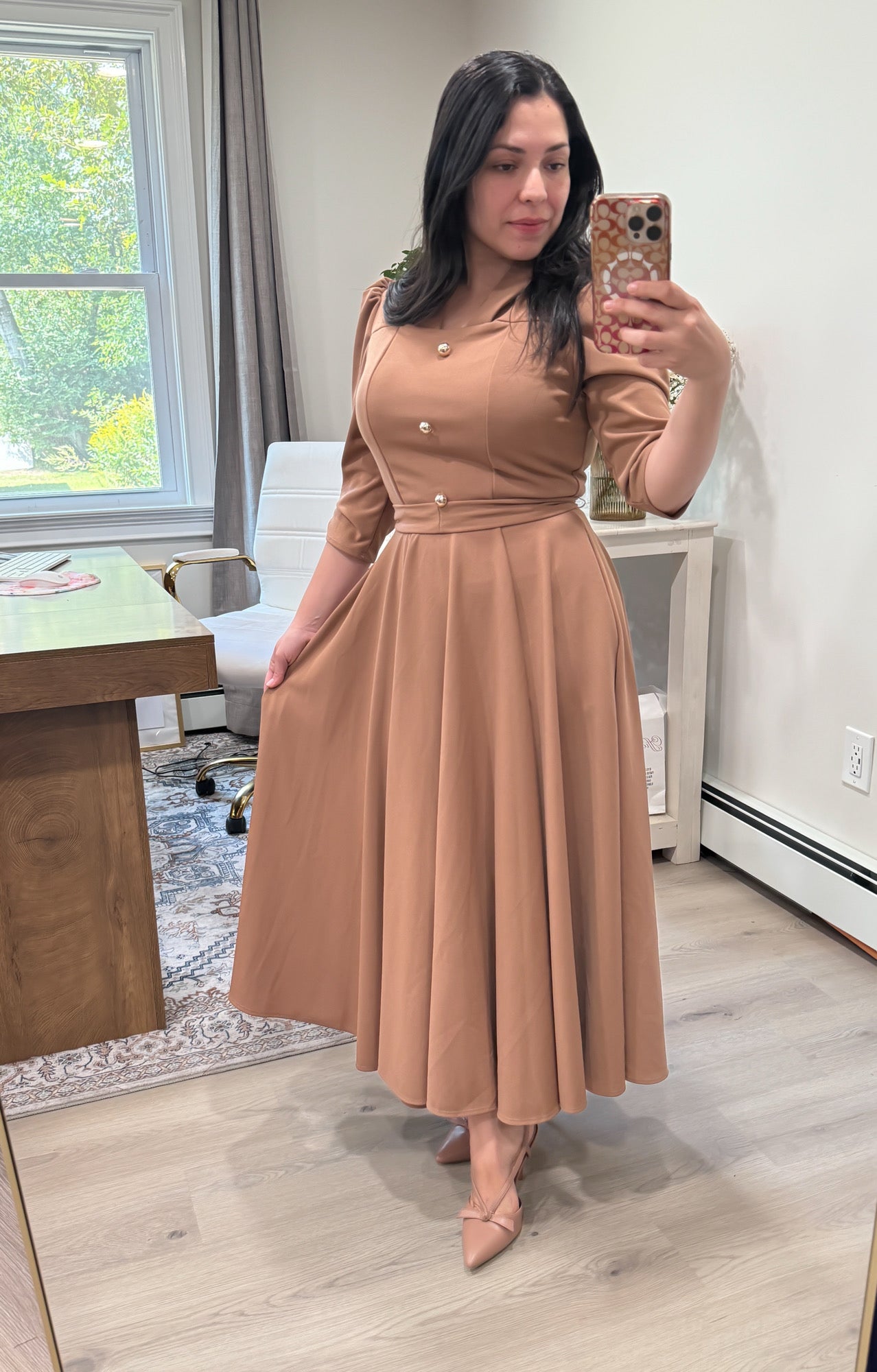 Khaki Gold Buttons Maxi Dress