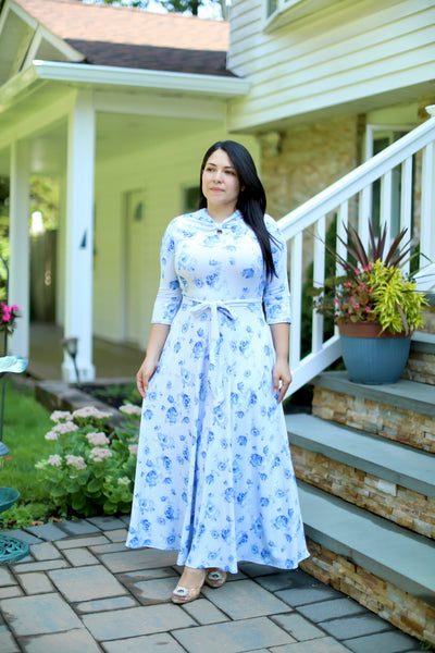 Soft Blue Roses Maxi Dress