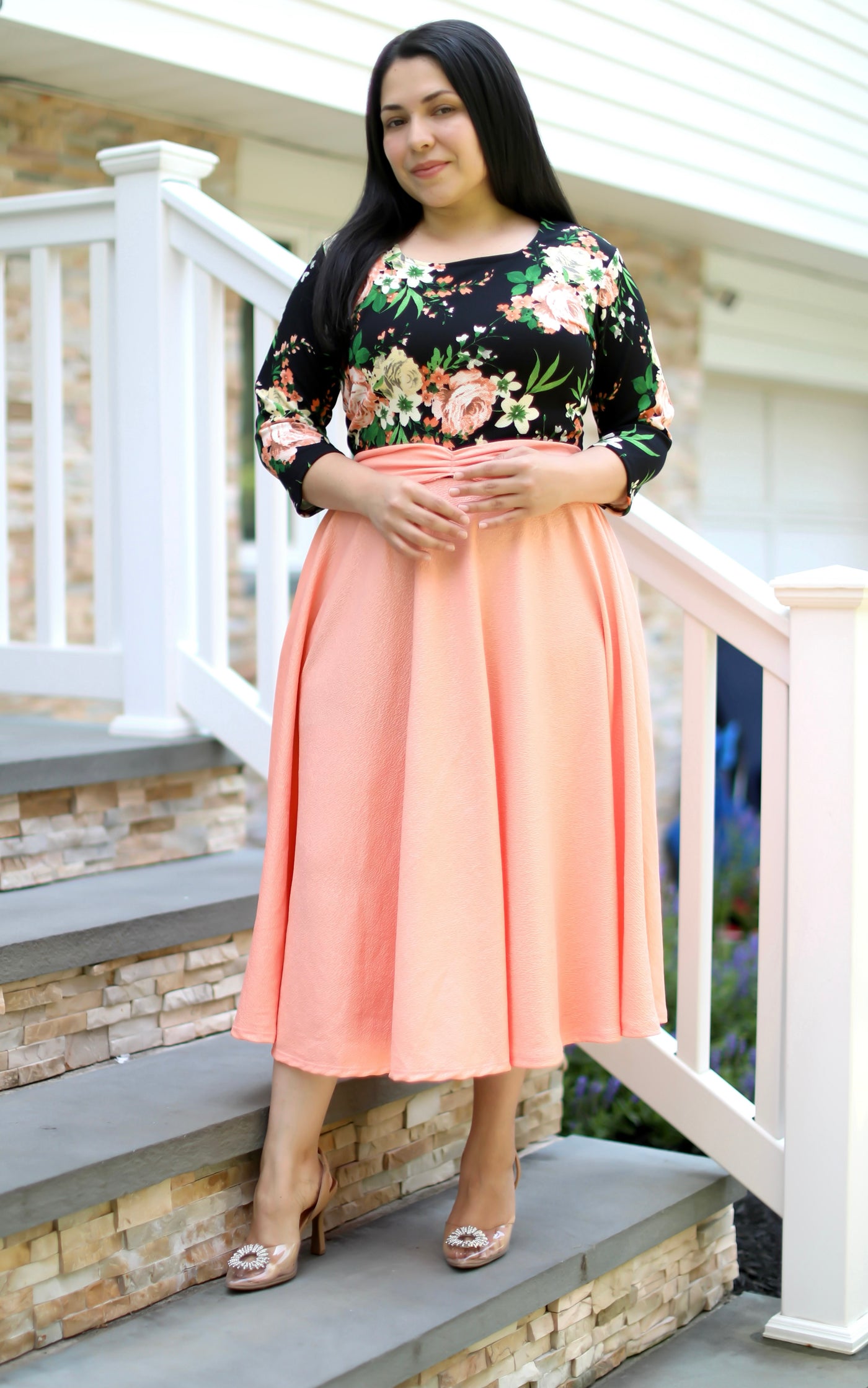 Patricia Black Floral Peach Midi Dress