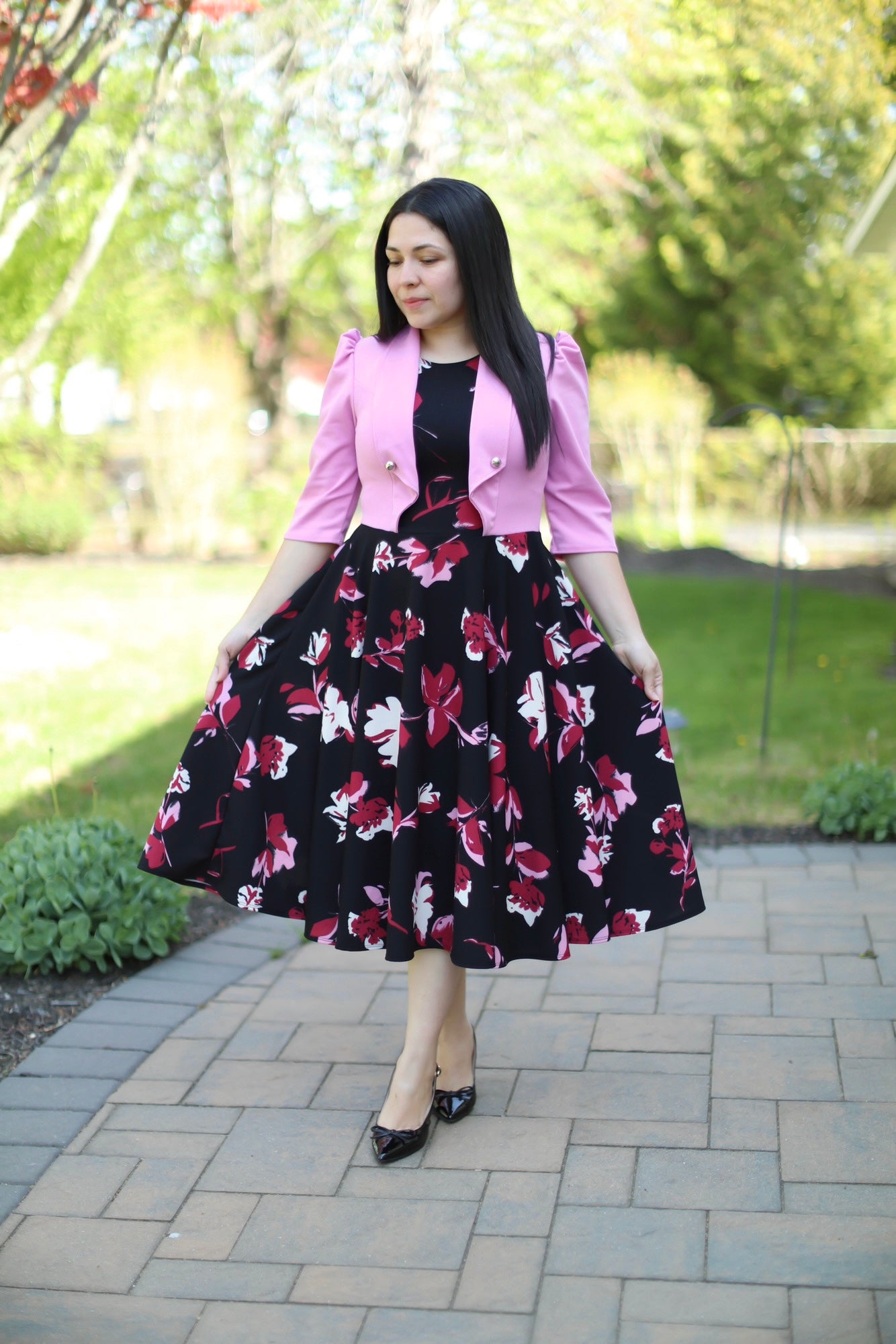 Adeline Pink Black  Midi Dress