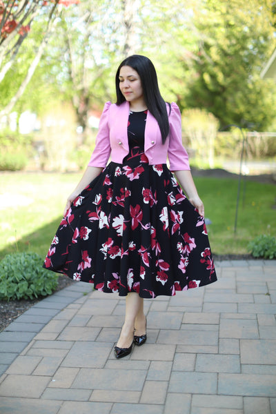 Adeline Pink Black  Midi Dress