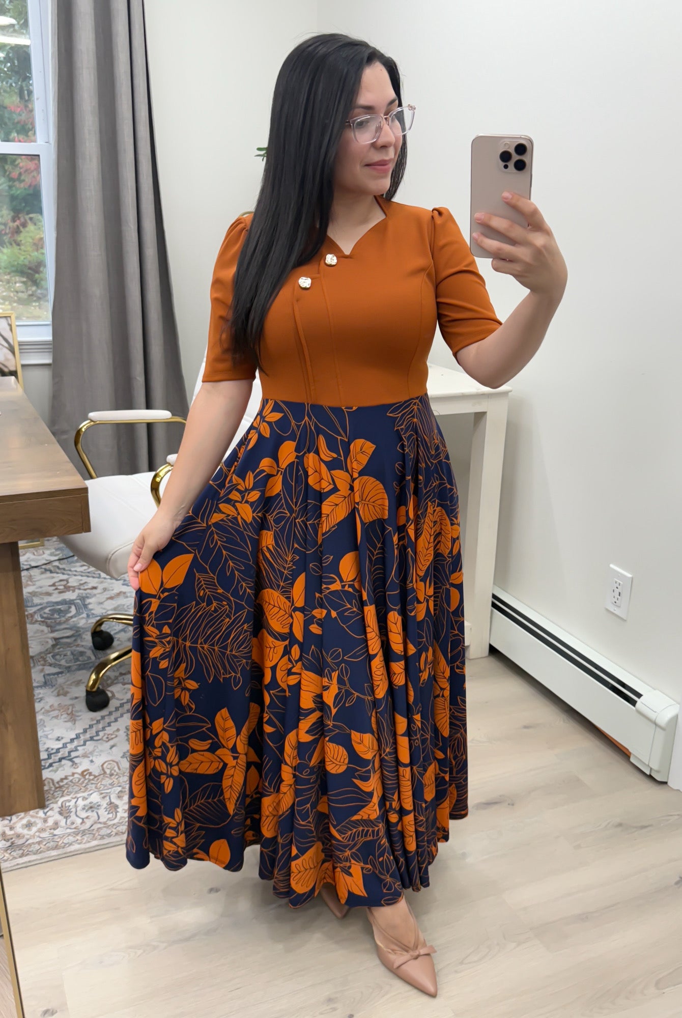 Karen Cognac Floral Maxi Dress