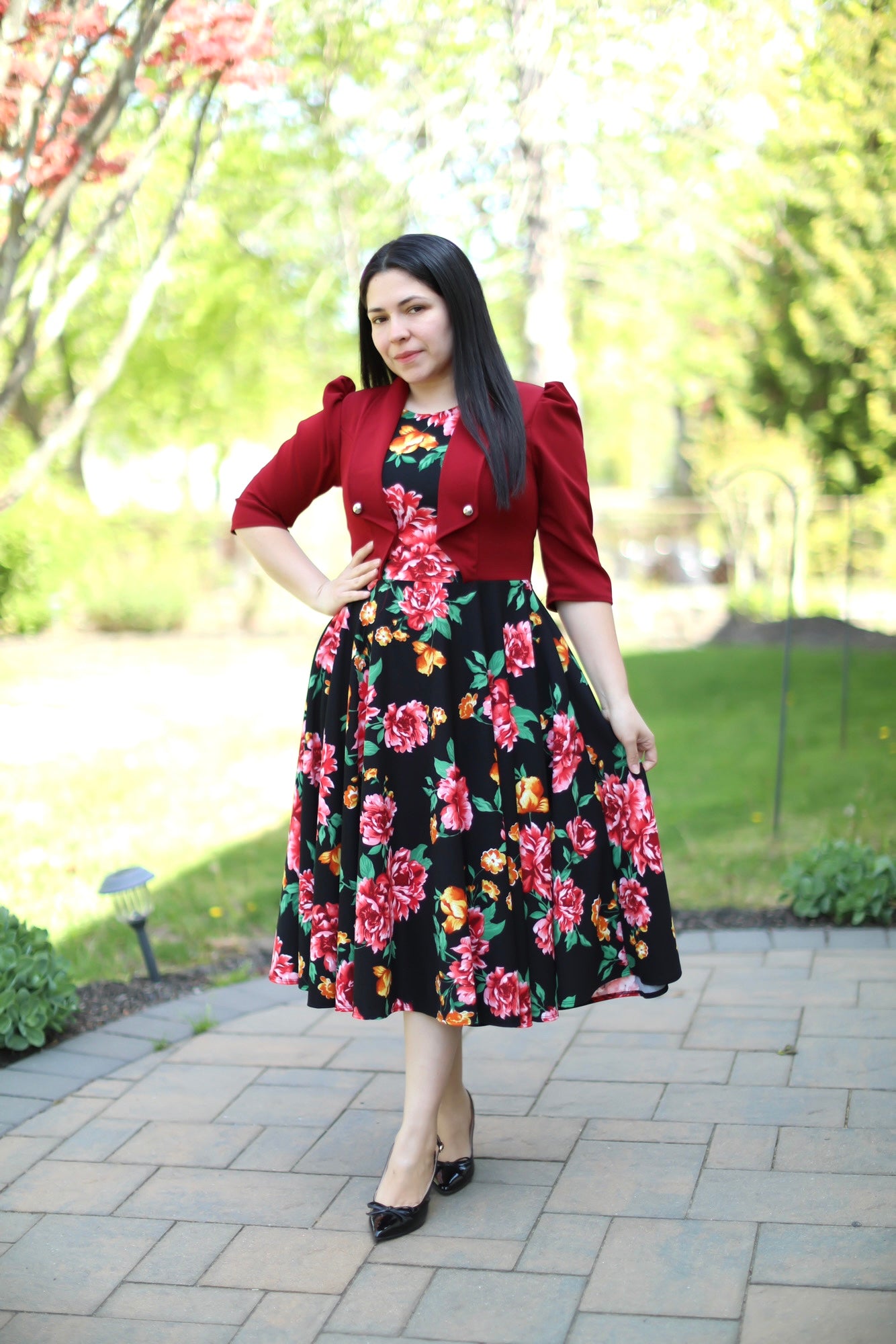 Adeline Red Floral Midi Dress