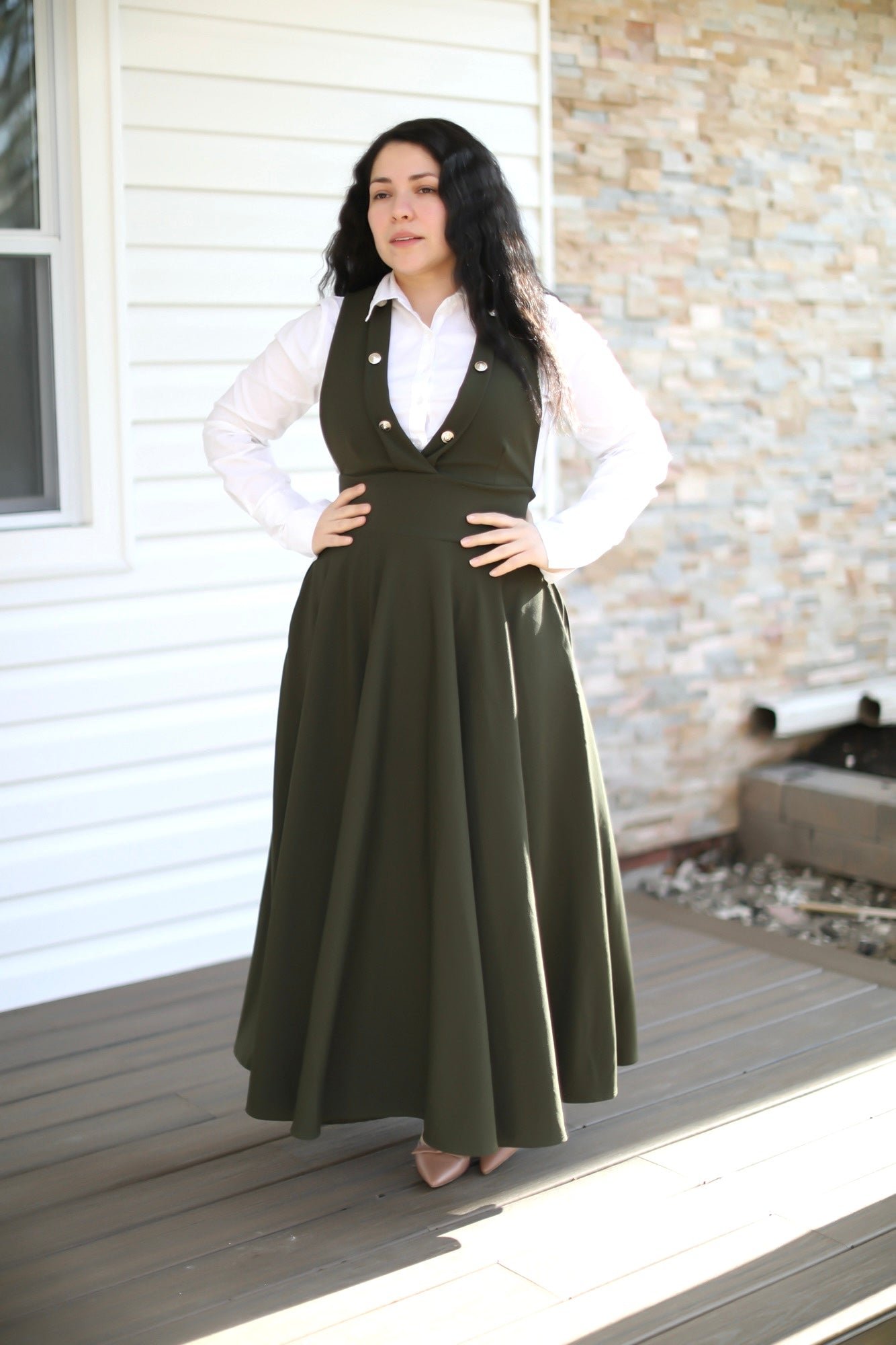 Olive Pinafore Jumper Maxi Dress Olive Pinafore Jumper Maxi Dress