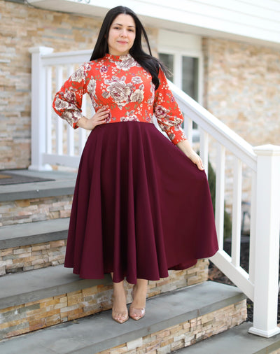 Princess Floral Burgundy Midi Dress