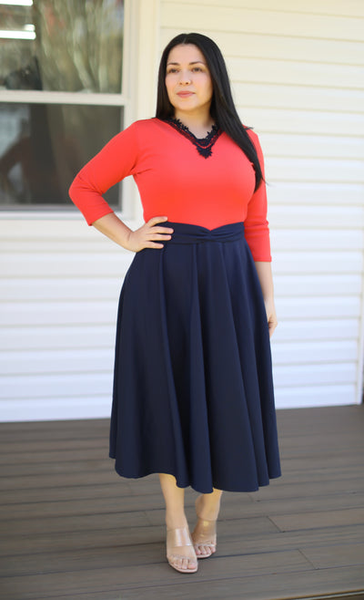 Orange Navy Midi Dressa