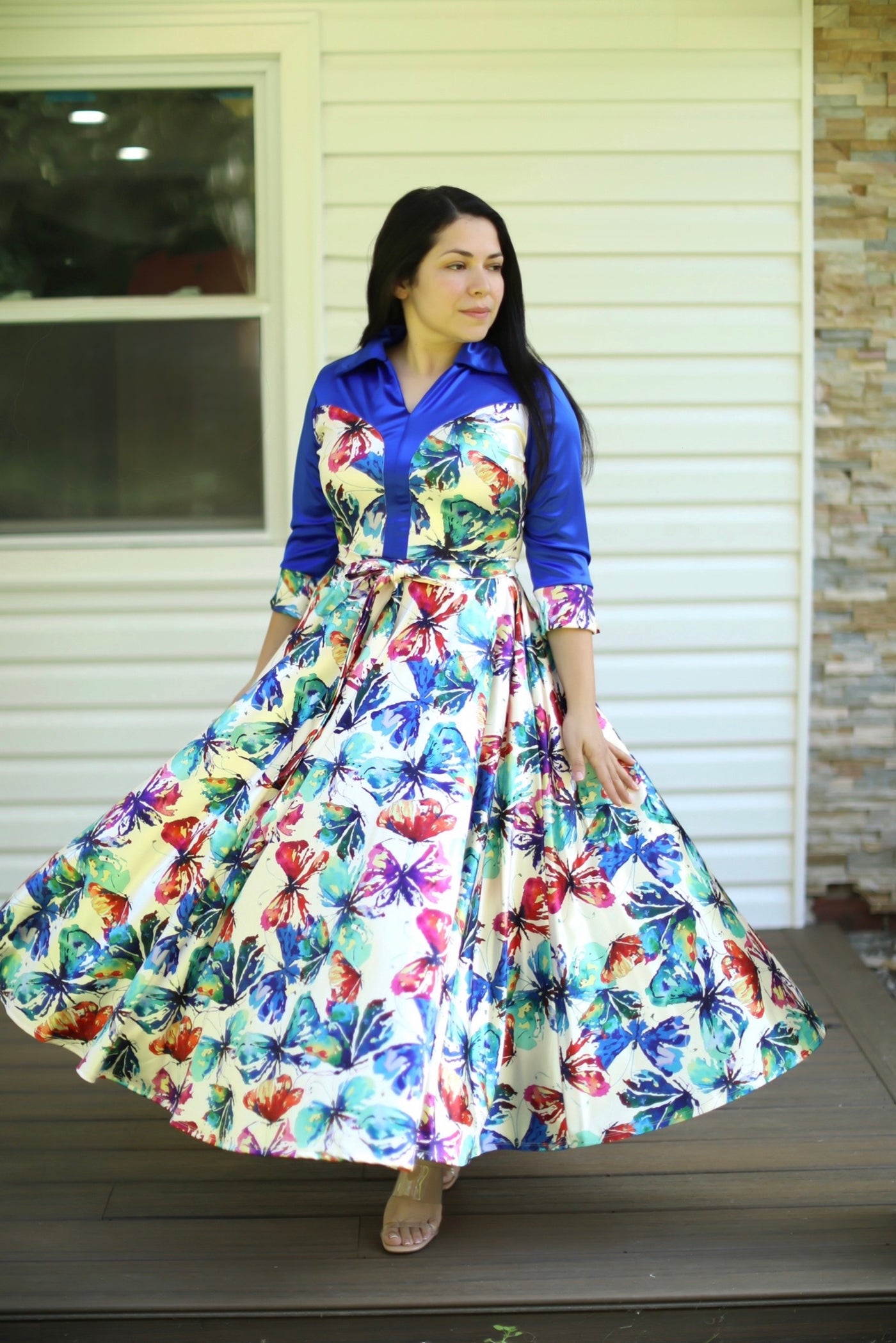 Blue Cream Satin Maxi Dress