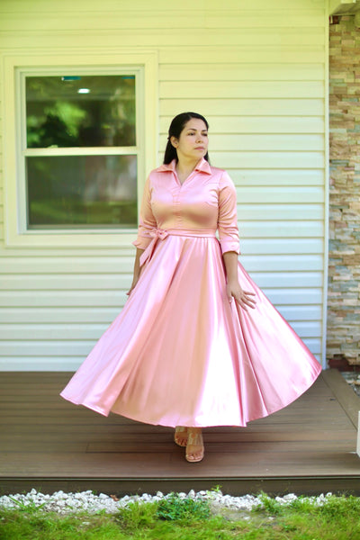 Peach Satin Collard Maxi Dress