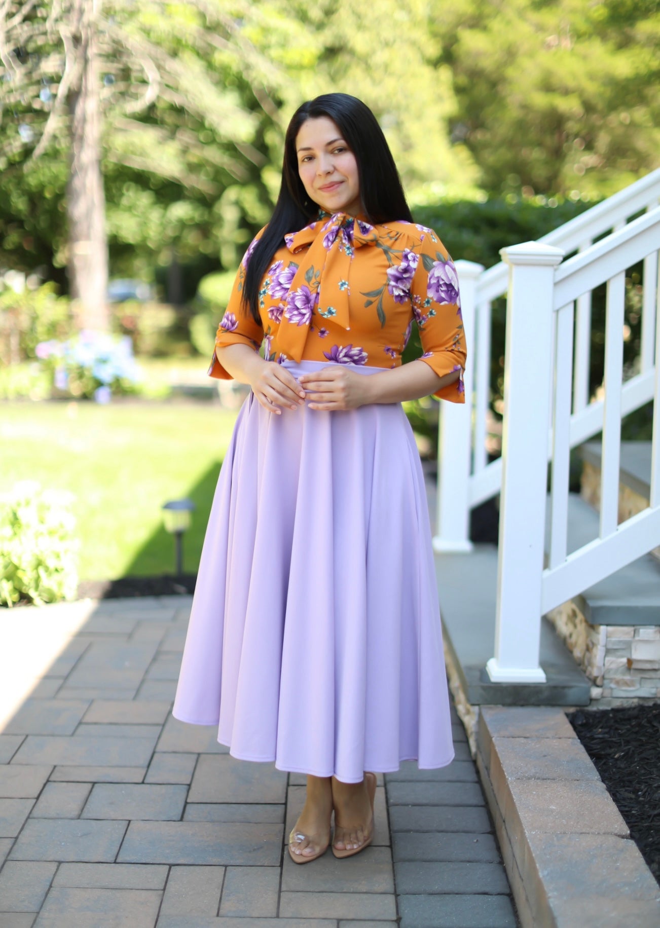 Abelina Mustard Floral / Lilac Midi Dress