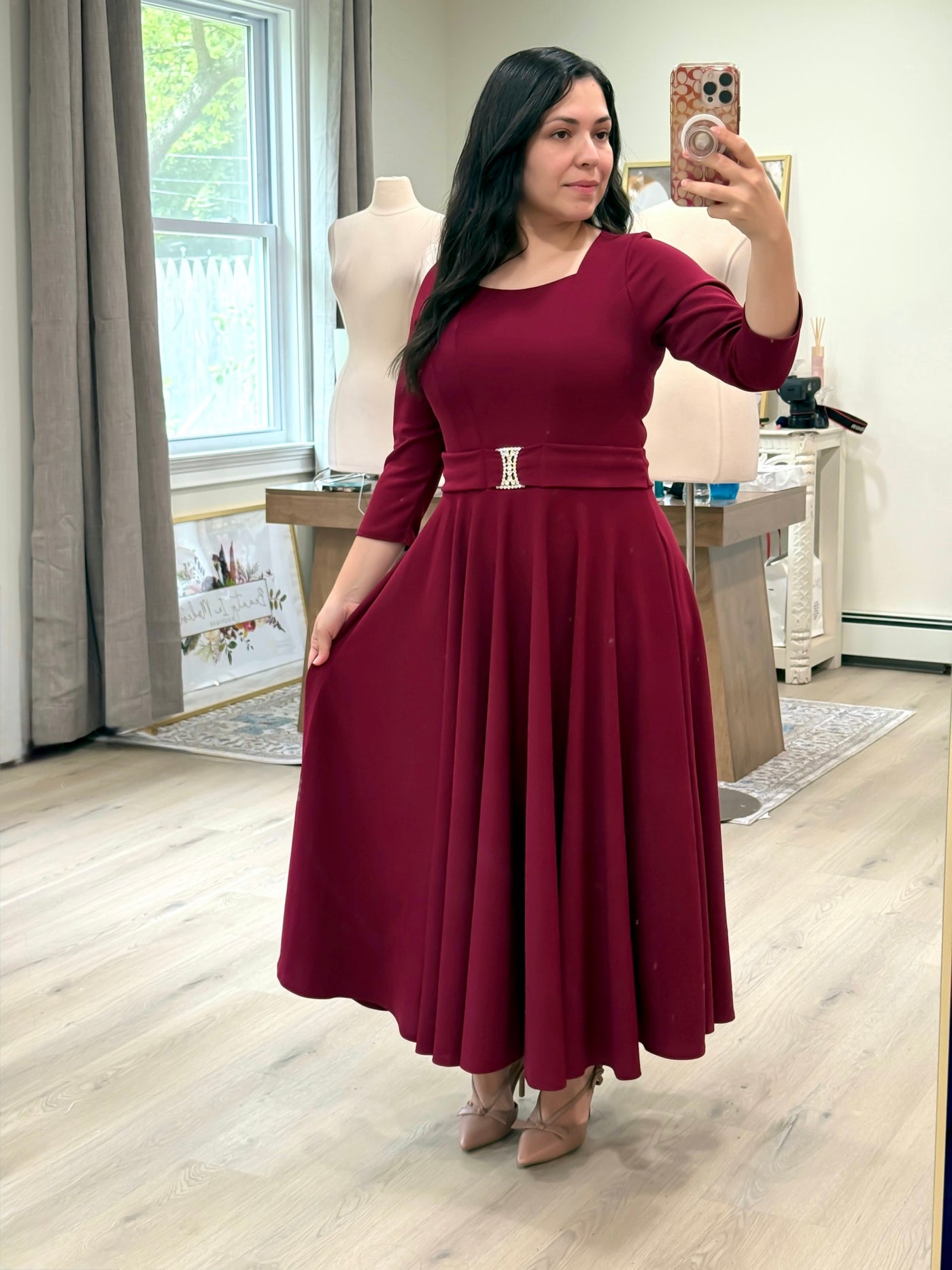 Burgundy Buckle Midi Dress