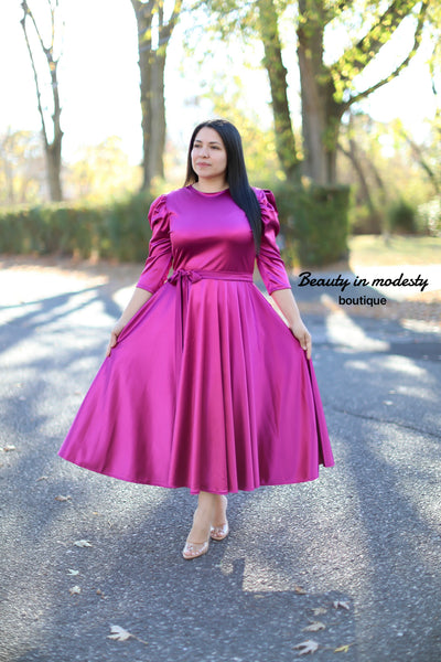 Magenta Satin Midi Dress