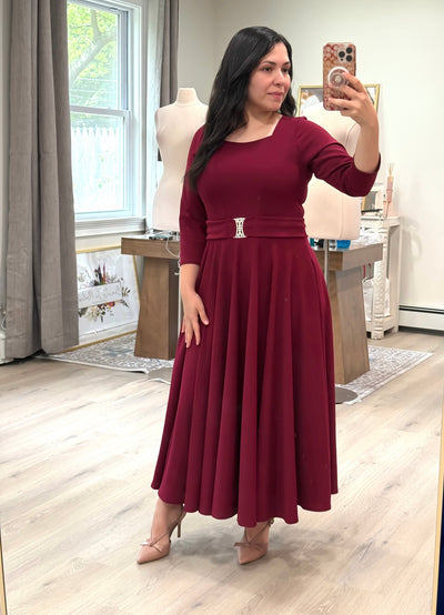 Burgundy Buckle Midi Dress