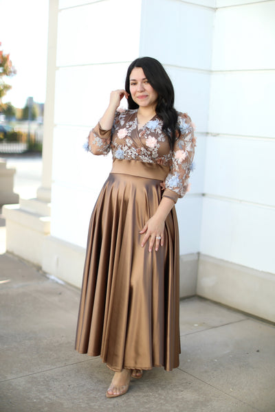 Sofia Caramel Appliqué Maxi Dress