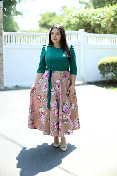 Green Kakhi Floral Maxi Dress
