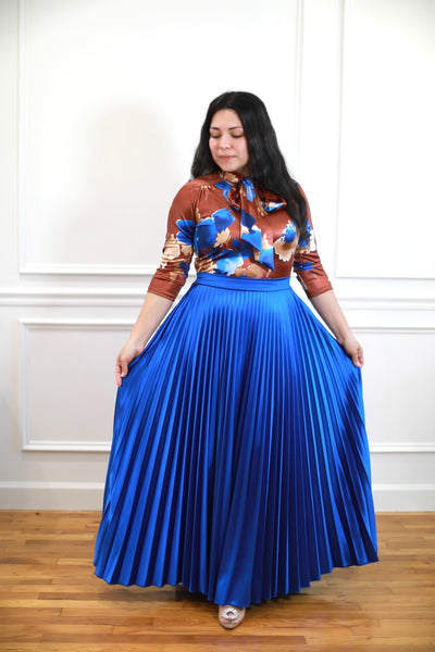 Raquel Cognac / Blue Pleated Maxi Dress