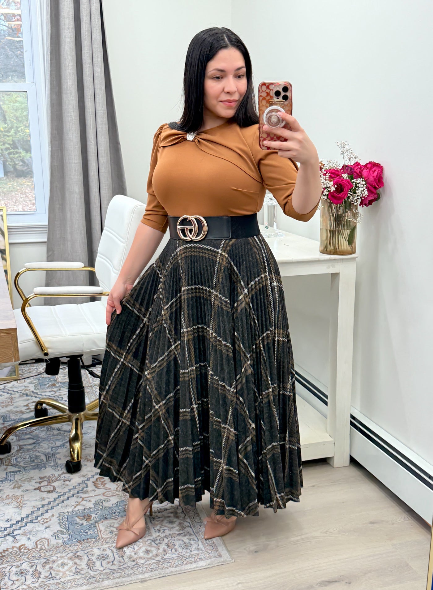 Reina Brown Plaid Maxi Dress