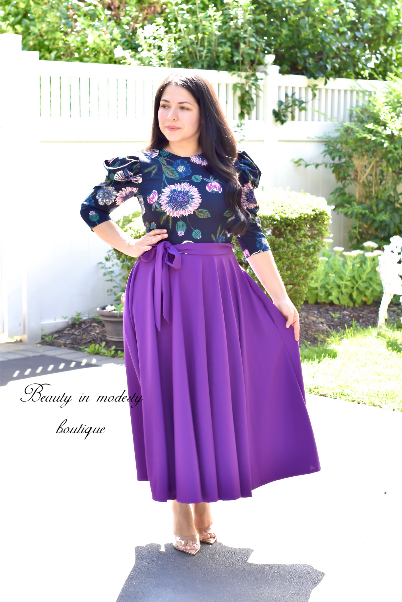 Liss Navy Floral/Purple Midi Dress