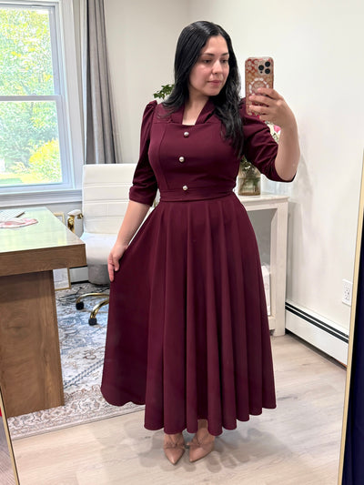 Burgundy Gold Buttons Maxi Dress