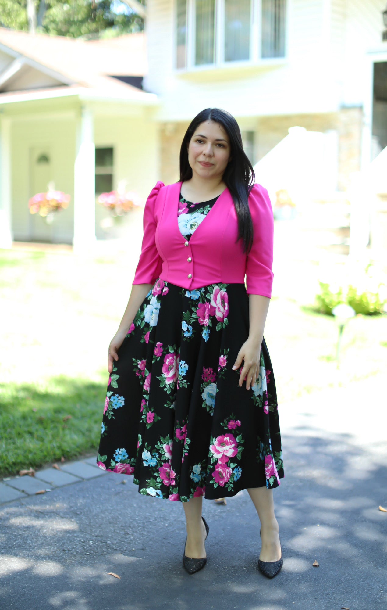 Fuscia Black Floral Midi Dress