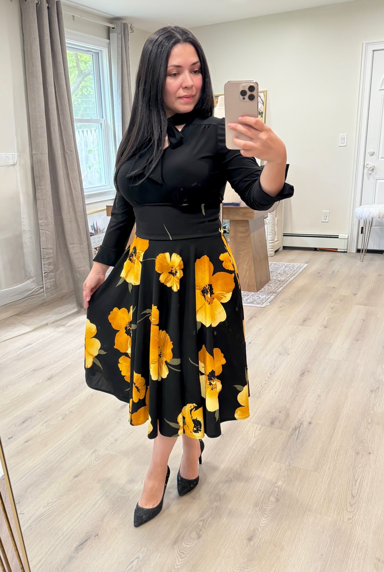 Black Yellow Flowers Midi Skirt