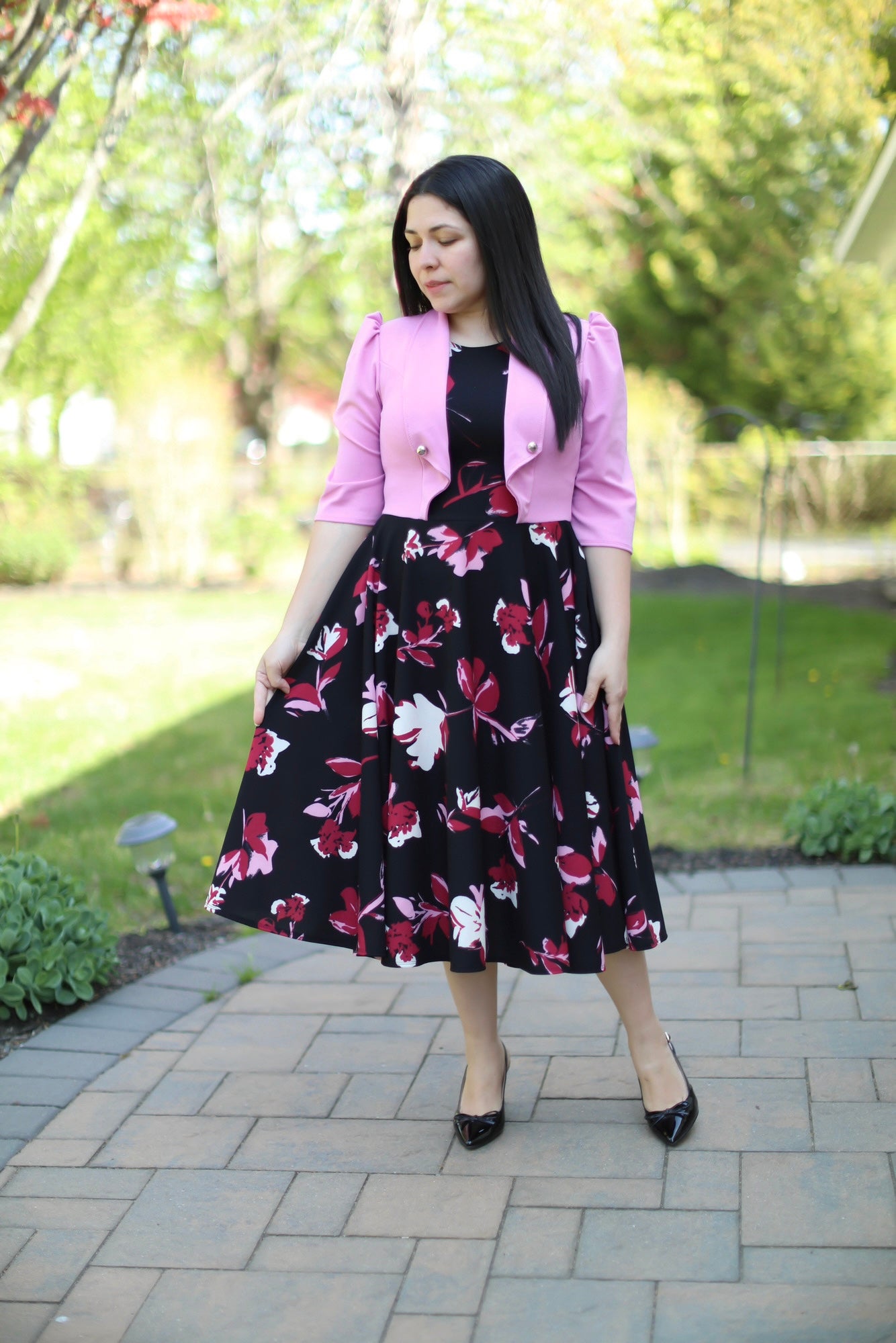 Adeline Pink Black  Midi Dress