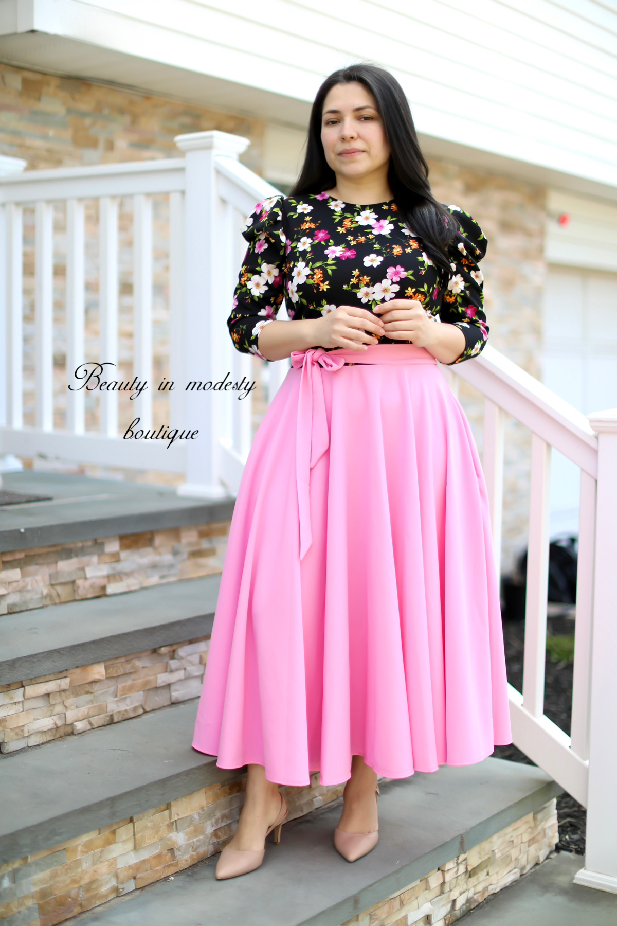 Liss Black Floral / Pink Midi Dress
