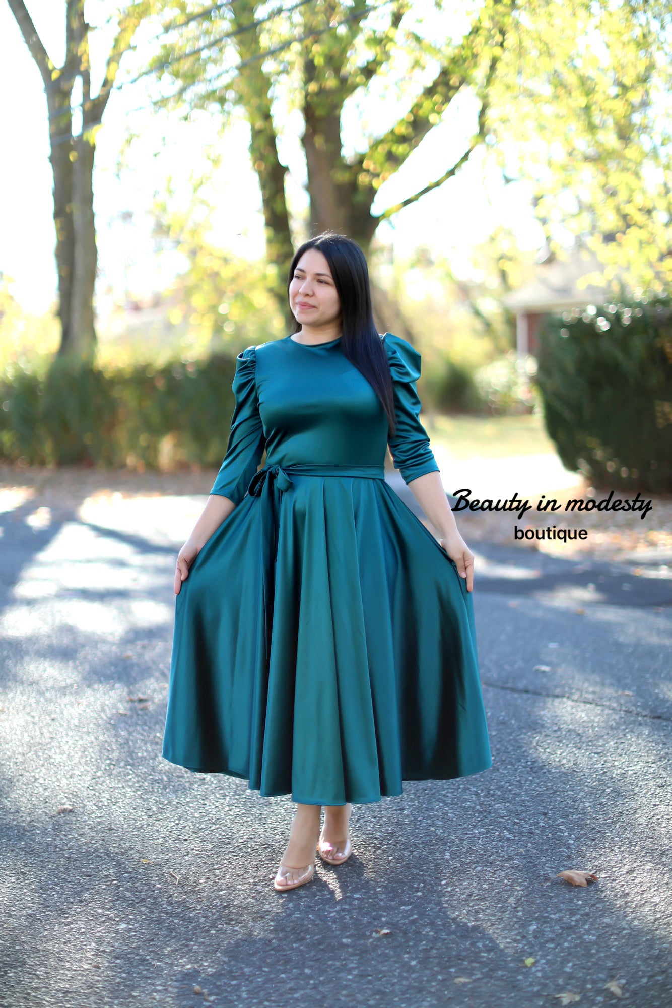 Teal Satin Midi Dress