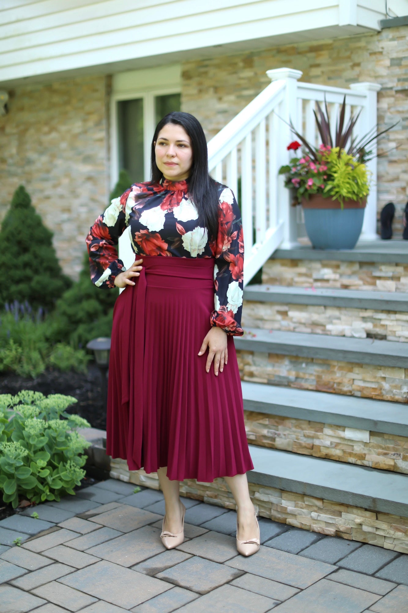 Pleated Burgundy Midi Skirt
