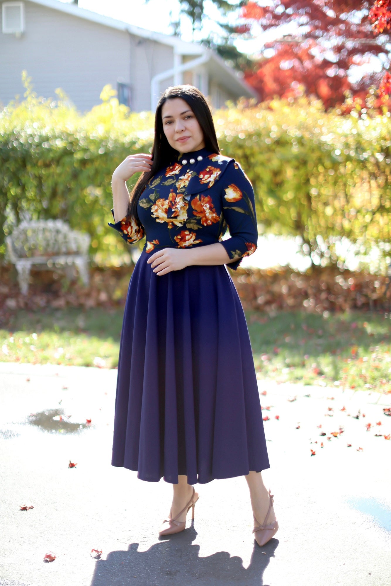 Rebecca Floral Navy Midi Dress